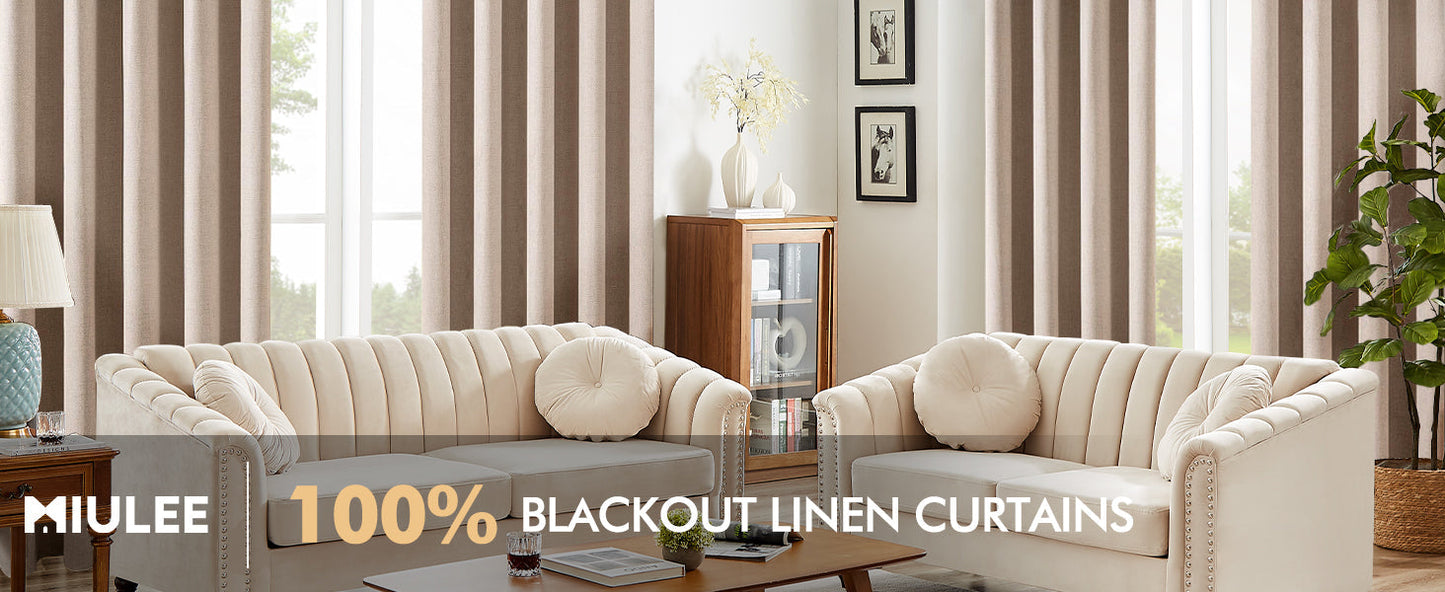 100% Blackout Linen Textured Curtains for Bedroom Solid Thermal Insulated Natural Beige Grommet Room Darkening Curtains & Drapes Luxury Decor for Living Room Nursery 52 x 84 Inch (2 Panels)